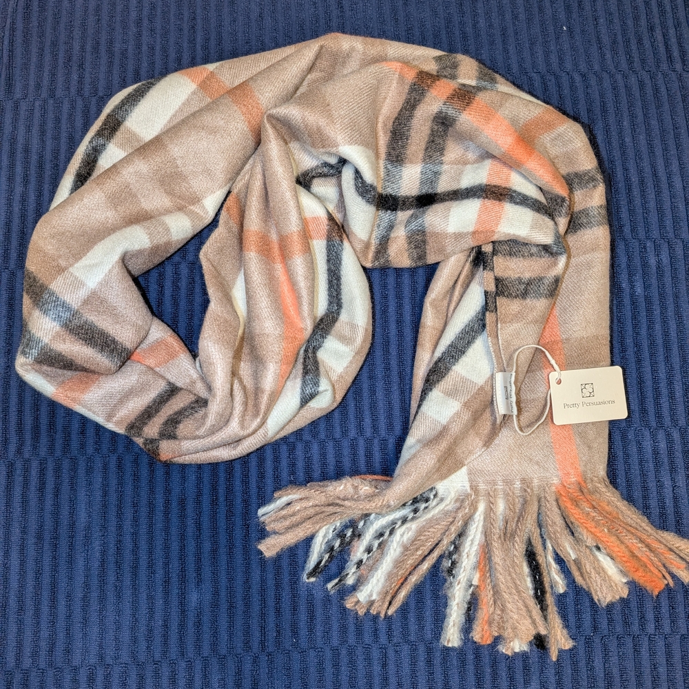 Pretty Persuasions Cozy Plaid Scarf in Tan and Orange